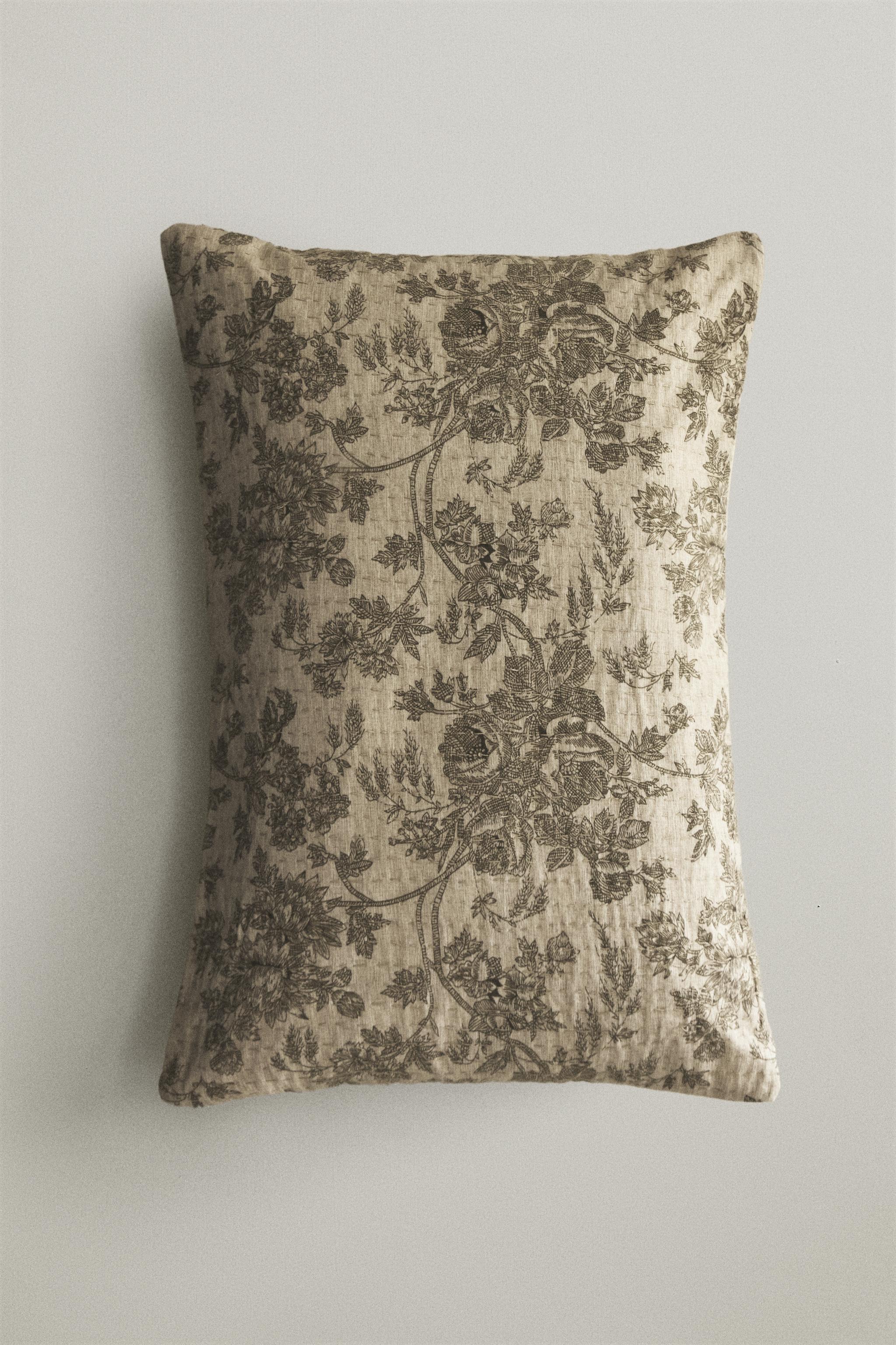 LINEN AND COTTON THROW FLORAL PILLOW COVER